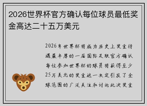 2026世界杯官方确认每位球员最低奖金高达二十五万美元